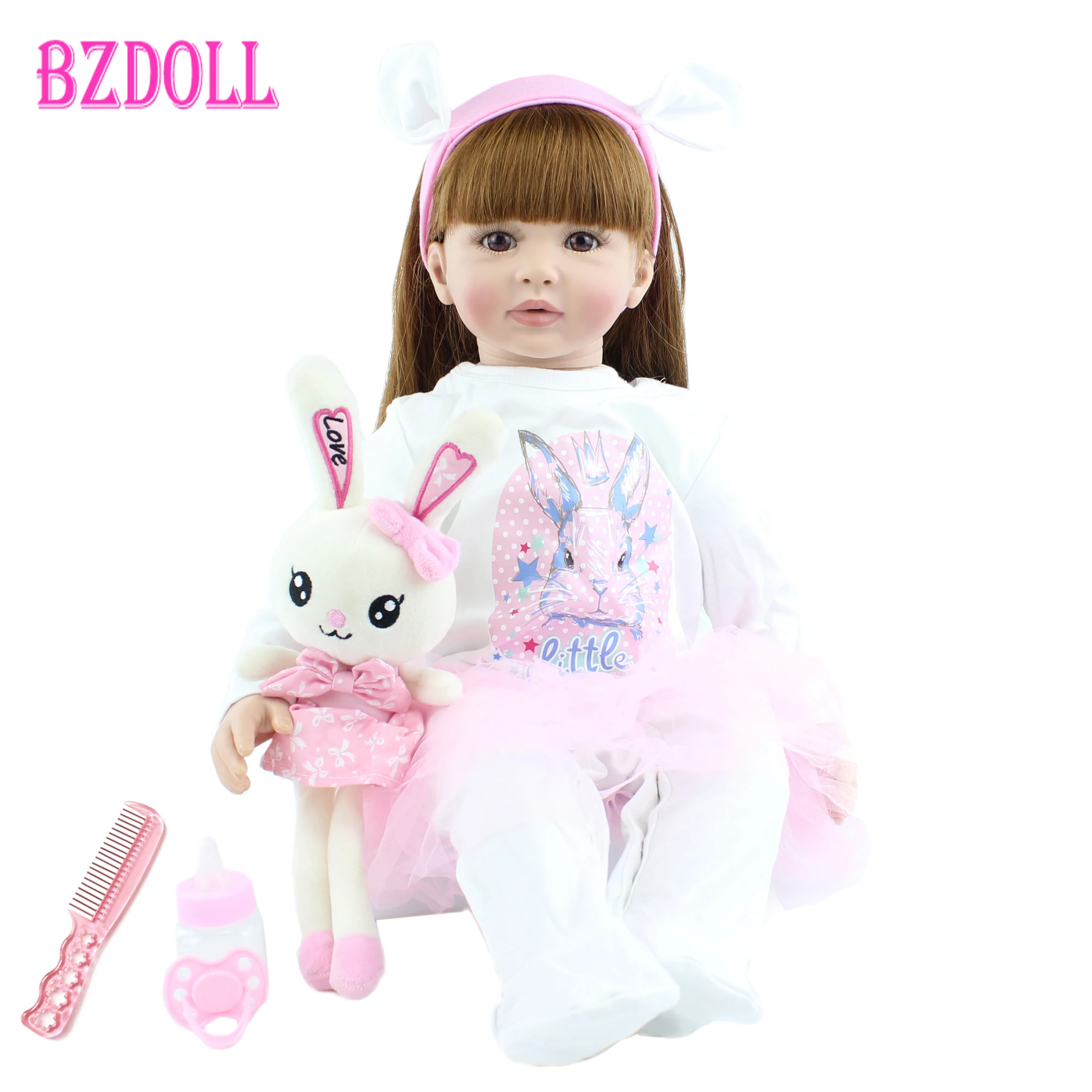 60cm Soft Silicone Reborn Toddler Baby Girl Doll Toys Lifelike Vinyl Long Hair Princess Alive Bebe Dress Up Doll With Rabbit