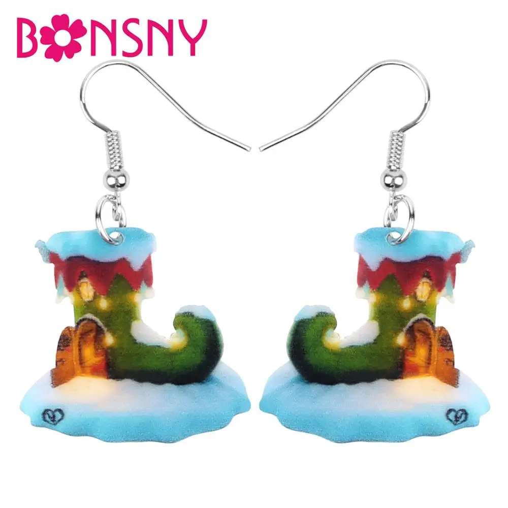 Bonsny Acrylic Christmas Anime Skiing House Shoes Earrings Drop Dangle Festival Decoration Jewelry For Women Girl Kid Party Gift