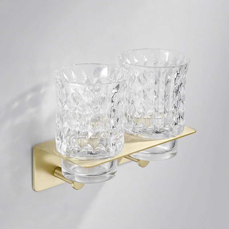 Brushed Gold Bathroom Toothbrush Holder Glass Toothbrush Cup Brass Wall-Mounted Mouthwash Cup Bathroom Rack With Hook