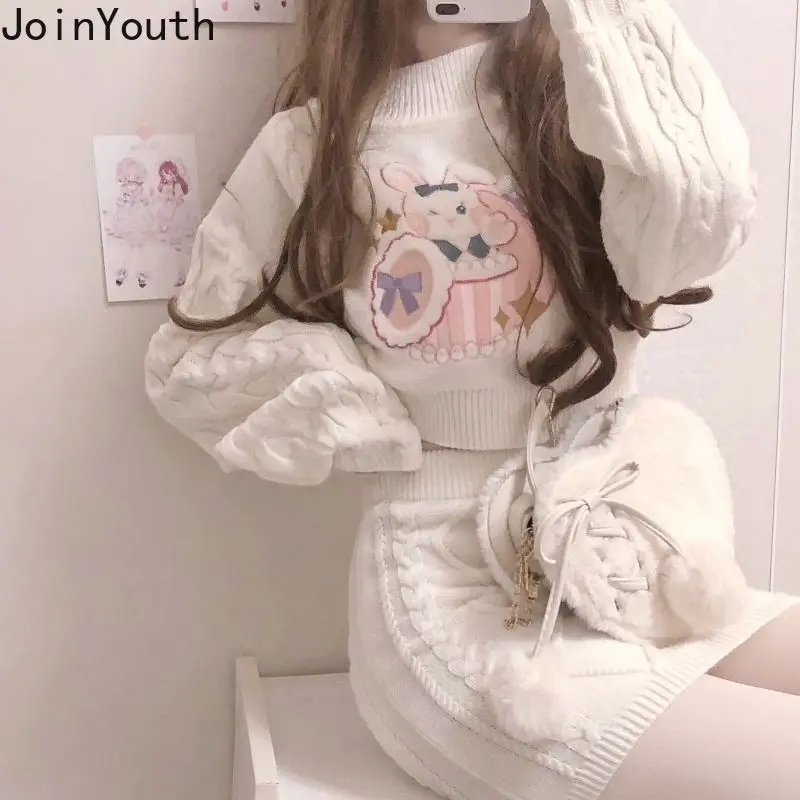 Joinyouth-Conjunto de dos piezas de moda japonesa para Mujer, jerséis recortados acanalados, minifalda ajustada, Ropa de punto, 2 piezas