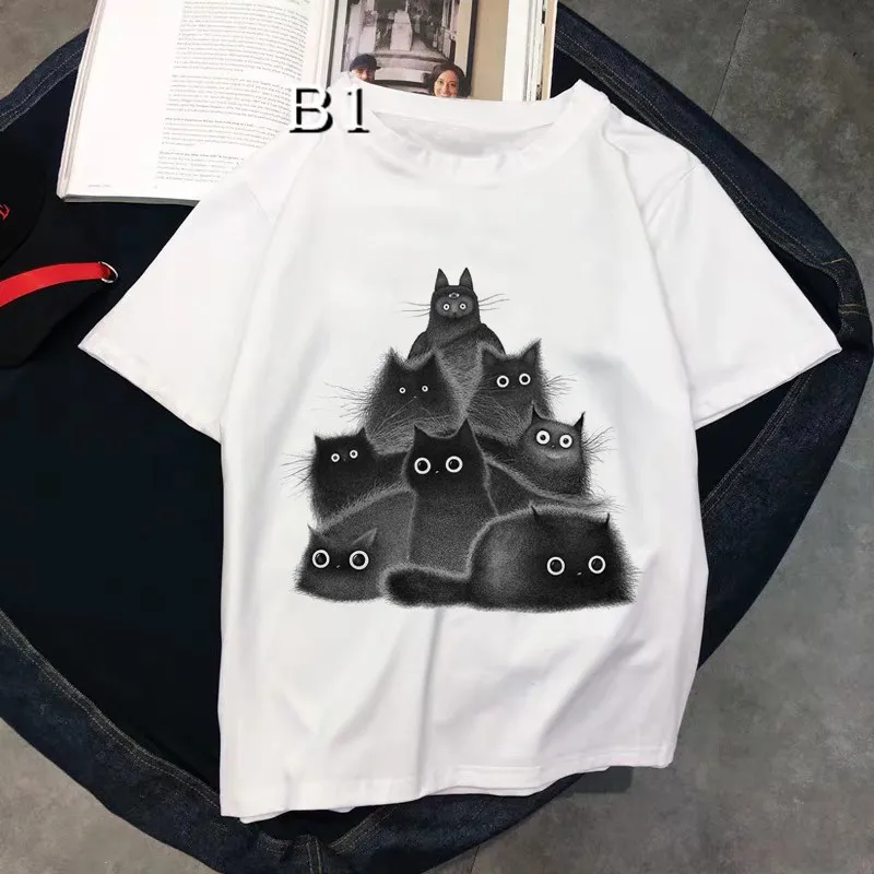 Nette Schwarze Katze Frauen T Shirts Neue Top Weibliche T-shirt Lose Kawaii T-shirt Graphic Tee shirt Weiß Frauen Sommer Oversize T Shirt