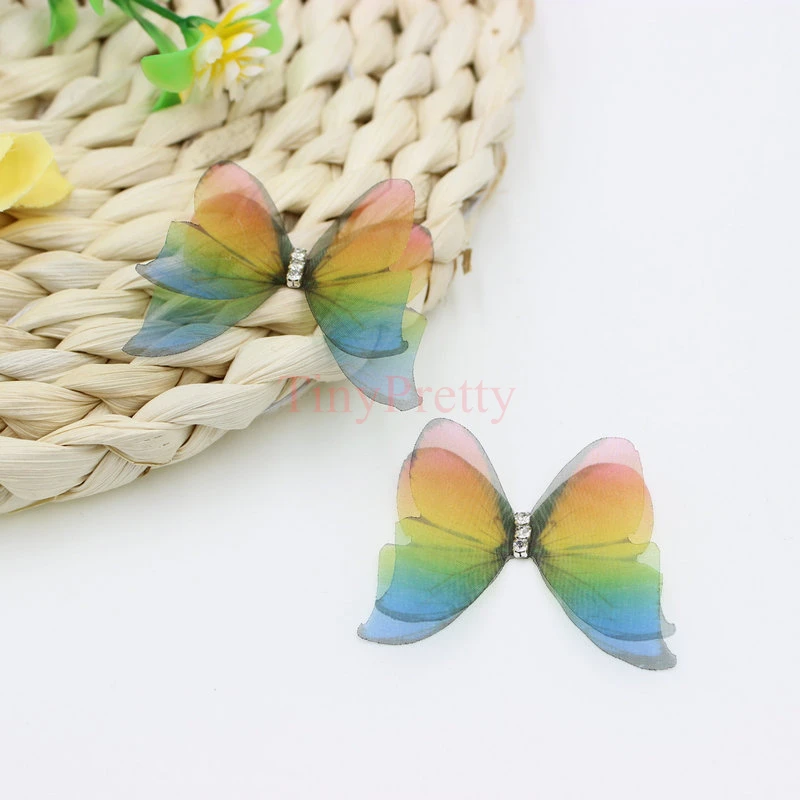 20pcs Handmade Gradient Color Printed Organza Butterfly Double-layer Fabric Butterfly Applique Patches for Bridal Wedding Decor