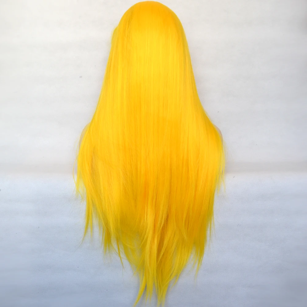 Wig Depan Renda T Sintetis Kuning Voguequeen Cosplay Garis Rambut Alami Serat Tahan Panas Lurus Sutra untuk Wanita