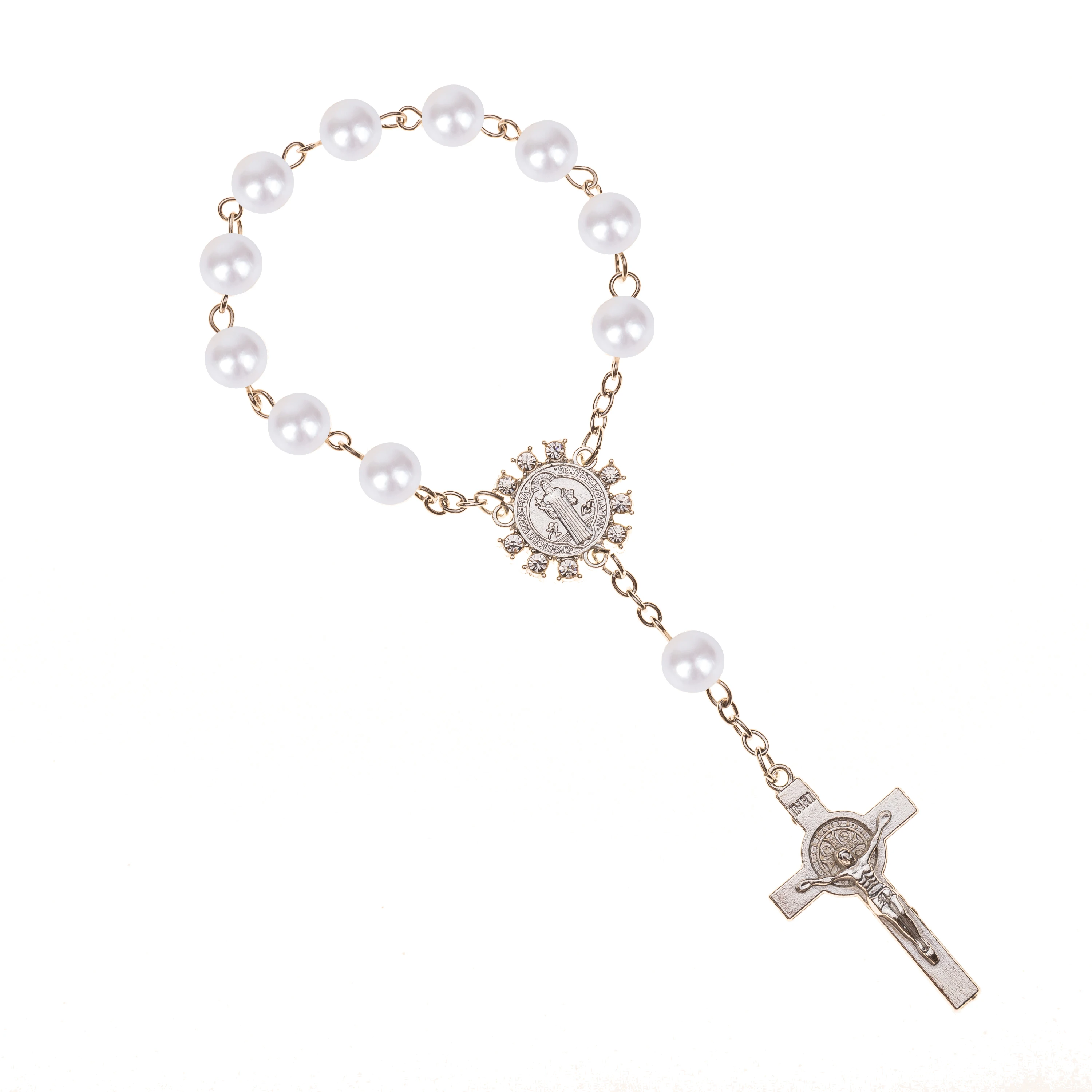 10pcs Imitation Pearl Beads Catholic Rosary Catholic Holy Communion silver color Wings Crucifix Pendants Cross Bracelet gift