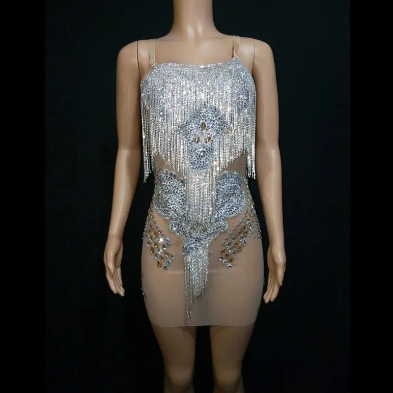 

Nightclub Women Rhinestone Sequin Tassels Short Skirt Female Sexy Screen Perspective Pole Dancing Skirt Women's Slim Stage Wear