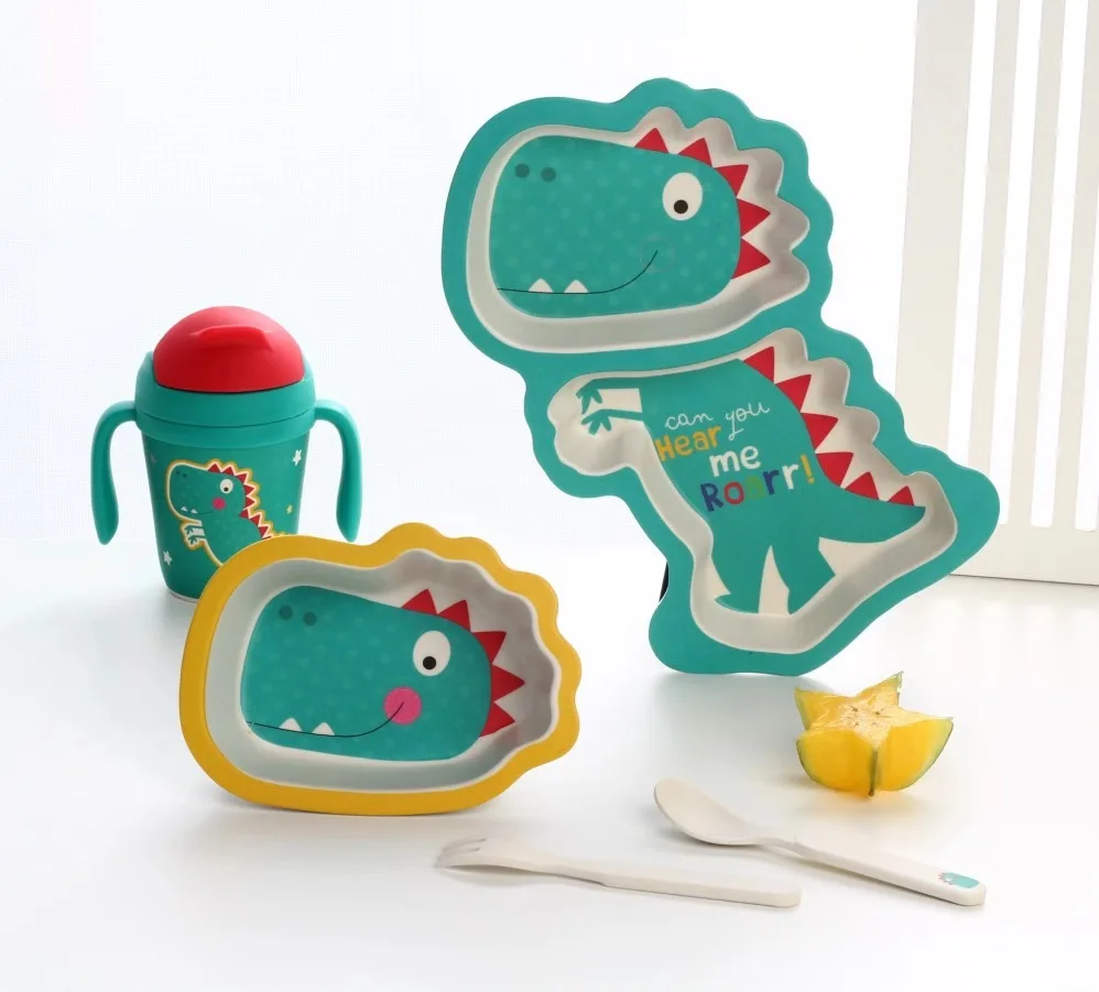 

5 Pcs/Set Baby Bamboo Fiber Tableware Set Baby Plate Children Cartoon Separation Plate Bowl Fork Spoon Cup Set Feeding Supplies