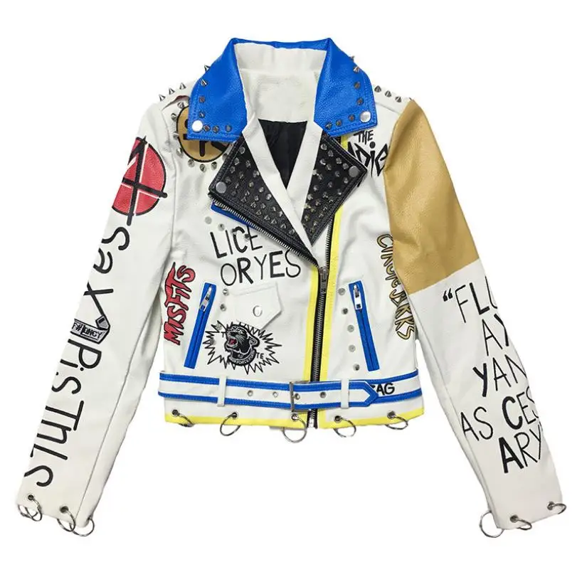 Fashion Rivet beading leather jacket Locomotive graffiti cartoon pu Leather Jacket female Punk Motorcyle Jackets with belt F2123