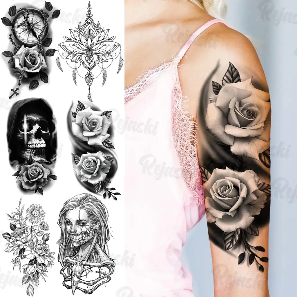 Black Rose Flower Temporary Tattoos For Women Girls Realistic Skull Vampire Fake Pendant Tattoo Sticker Sexy Arm Body Tatoos Big