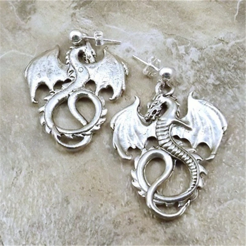 1 Pairs of Dragon Earrings Antique Silver Color 4mm Ball Post Stud Earrings, Gothic Earrings , Dragon Stud Earrings