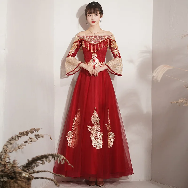 Sexy Luxurious Chinese Wedding Evening Dress Sequins Embroidered Flared sleeve Prom Dress Evening Gown Qipao Cheongsam