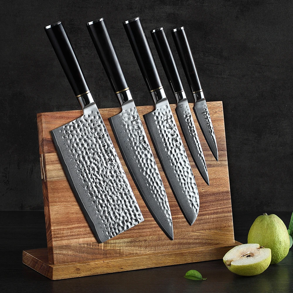 HEZHEN 5 PCS Kitchen Chef Knife Sets Damascus Steel Utility Santoku paring  Magnetic Knife Holder with Powerful Magnet