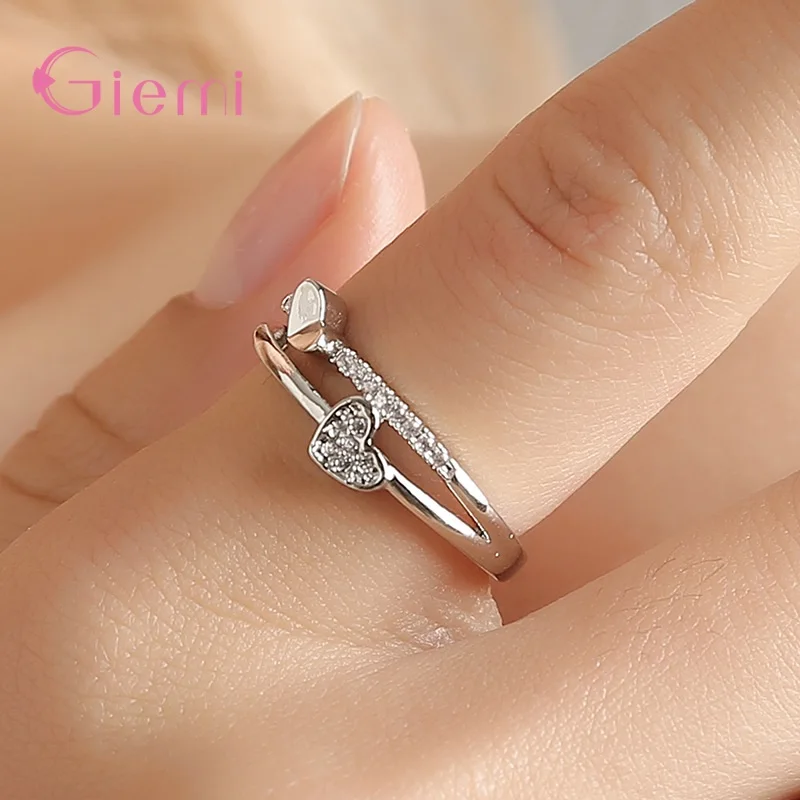 New Creative Two Hearts Zircon 925 Silver Needle Temperament Rings For Women Anel Jewelry Anillos Christmas Jewellery Gifts