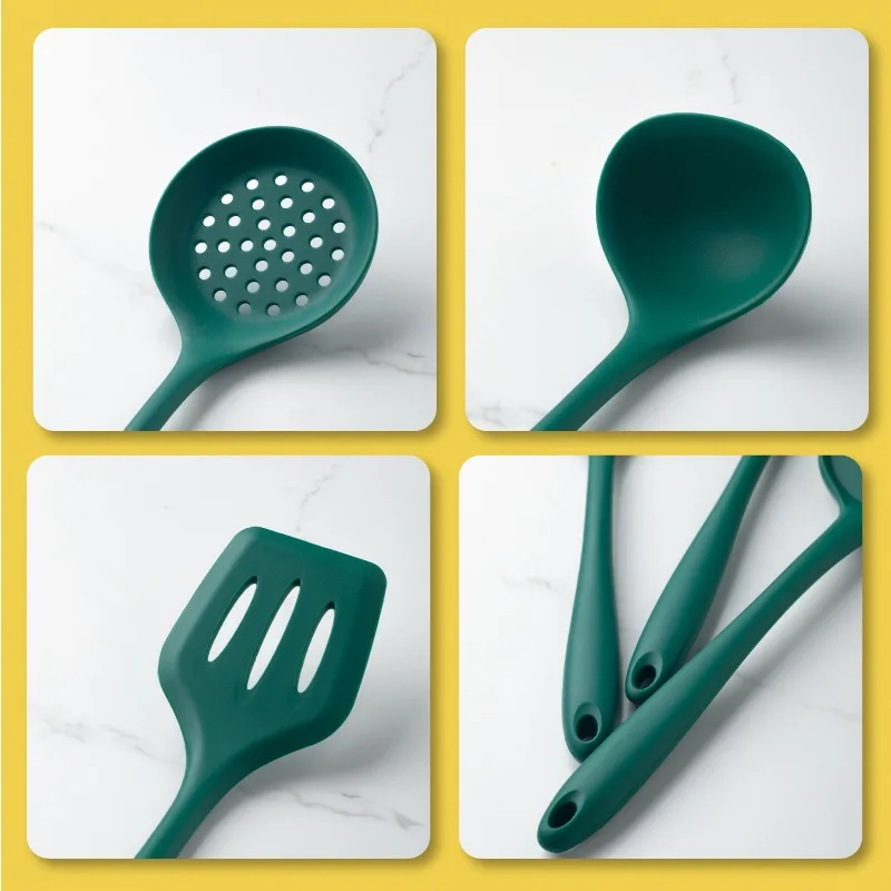 Heat Resistant Silicone Cooking Utensil Set Green Spatula Soup Spoon Brush Ladle Pasta Colander Non-stick Cookware Kitchen Tools