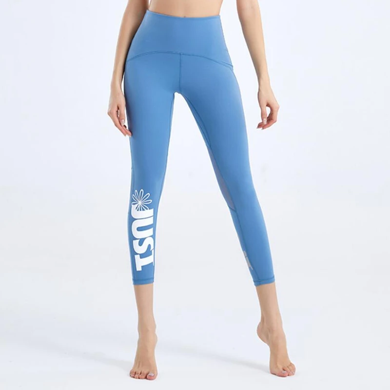 Summer New Tight Yoga Pants Female Mesh Stitching Pilates Leggings Letter Printing Elastic Thin Running Fitness Leggings Women