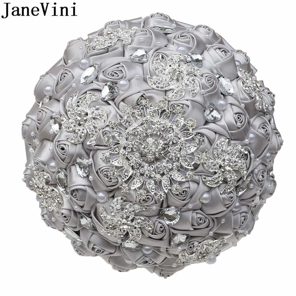 JaneVini – Bouquet de mariage en cristal argenté, bijoux à main de mariée, strass diamant Satin Rose, broche de mariée, accessoires de fleurs