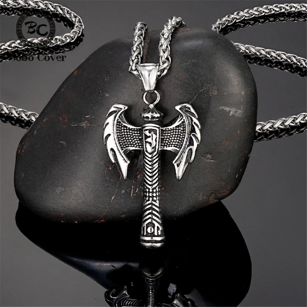 Punk Vikings Axes Necklace Men Stainless Steel Norse Runes Double Edged Hatchet Pendant Amulet Scandinavian Jewelry Male Gifts