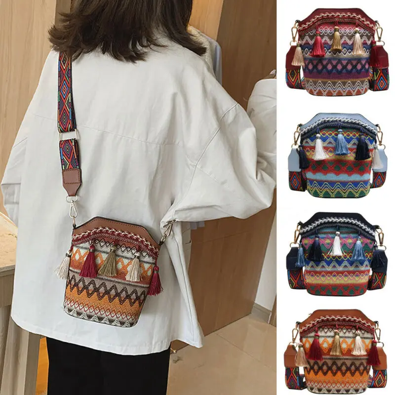 Vintage National Women\'s Bag Tassel Ethnic Handwoven Crossbody Bag Hippie Sling Shoulder Bags For Ladies Small Handbag 4 Colors