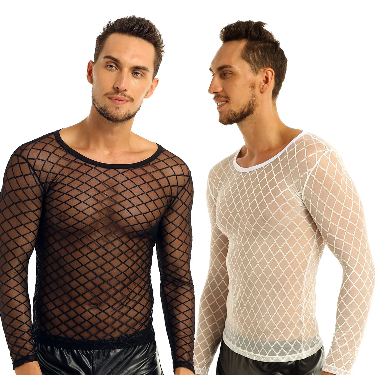 

TiaoBug Men Mesh See-Through Fishnet Sheer T-Shirt Long Sleeve Pullover Club Party Undershirt Black White Transparent Sexy Tops