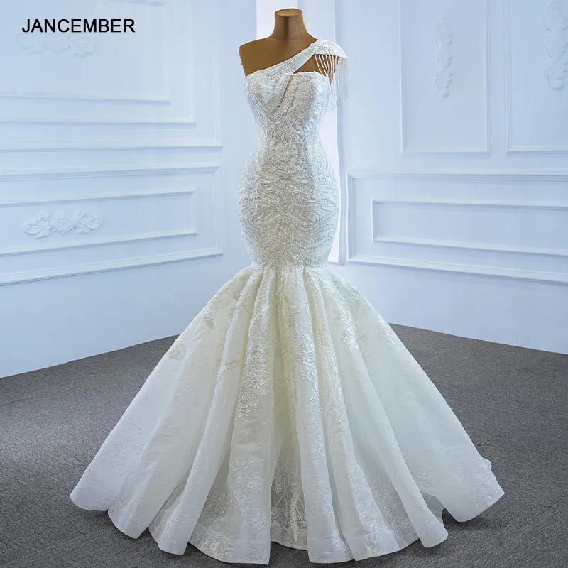 

J67187 New Jancember Mermaid Wedding Dress One Shoulder Applique Short Sleeves Tassel Vestido De Novia Sirena платья свадебные