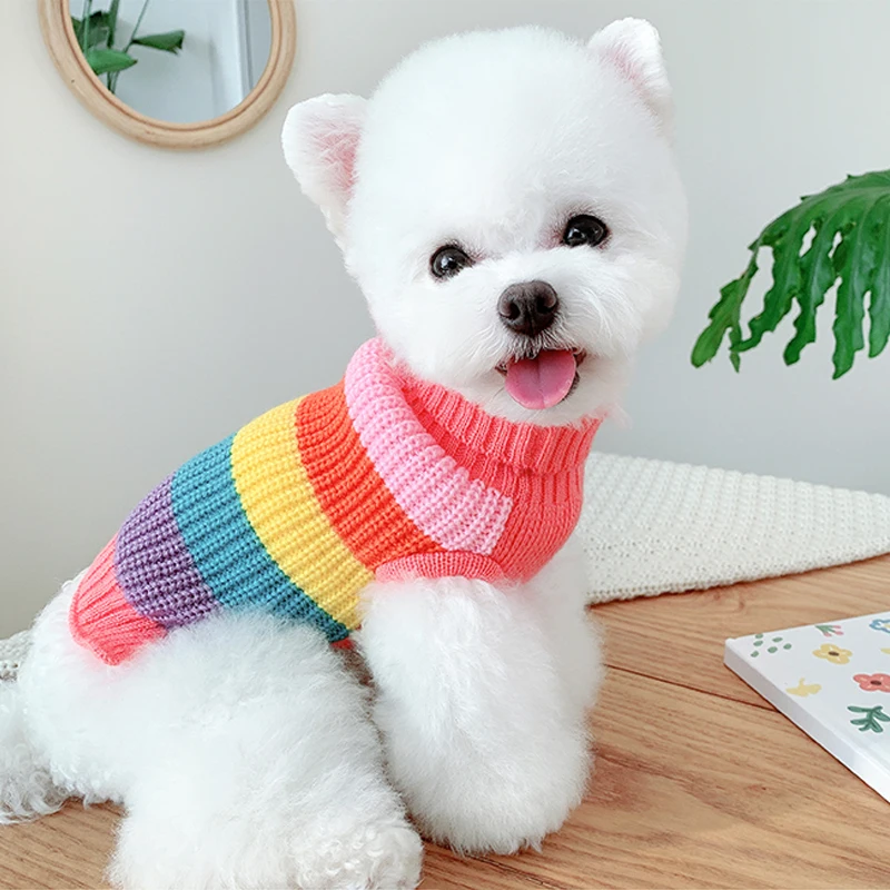 2023 Fashion Rainbow Sweater Pet Dog Clothes Autumn New Knit Cotton Casual Sweater Hoodies For Small Dog Puppy Costumes Poodle