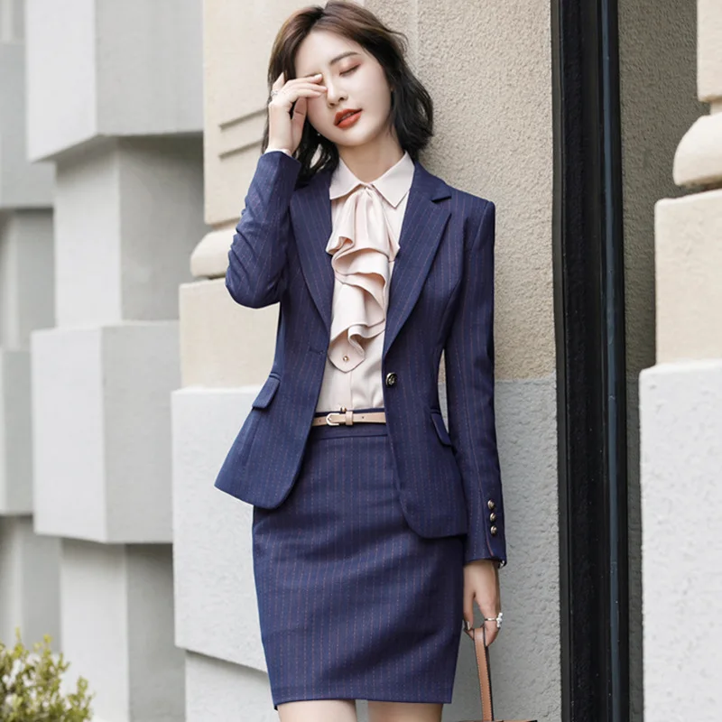 IZICFLY High Quality Autumn Style Office Elegant Ladies Suit Formal Set Skirt And Blazer Purple Striped Business Women Work Wear