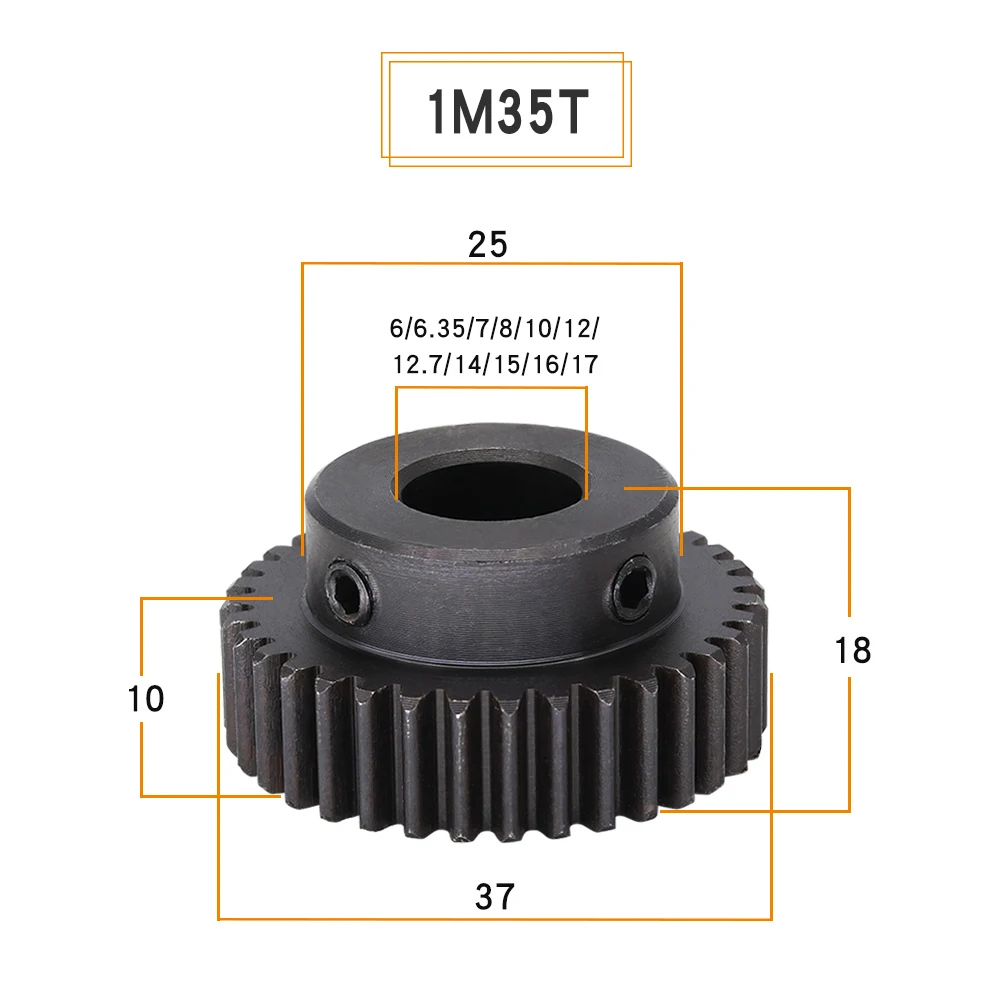 Module 1 Motor Gear 1M-35Teeth SC45#Carbon Steel Material Blackening Spur Gear Bore Size 6/6.35/7/8/10/12/12.7/14/15/16/17 mm