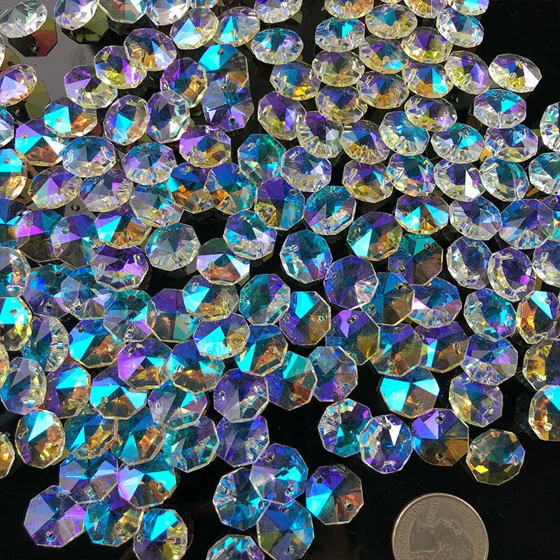 20PC AB Aurora Octagonal Bead Crystal Chandelier Faceted Prism Suncatcher Lighting Ornaments Parts Curtain Pendant Home Decor