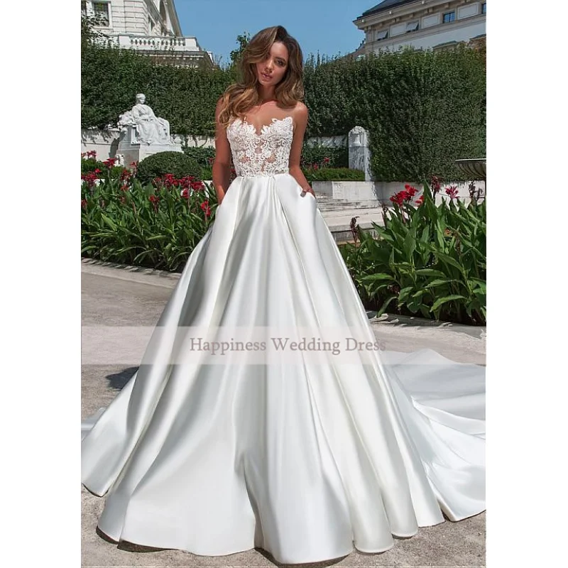 Abito da sposa avorio bianco applique con scollo a v moda a-line abito da sposa sexy in raso senza schienale