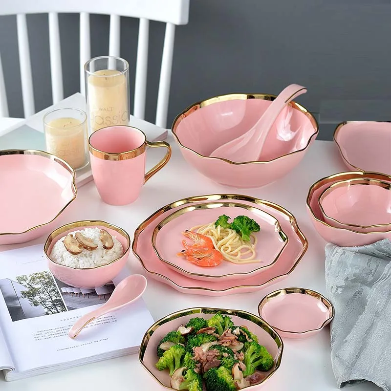 1pc Pink Marble Ceramic Dinner Dish Plate Rice Noodles Salad  Bowl Soup Plates fruit Dinnerware Sets Home Tableware Kitchen Cook