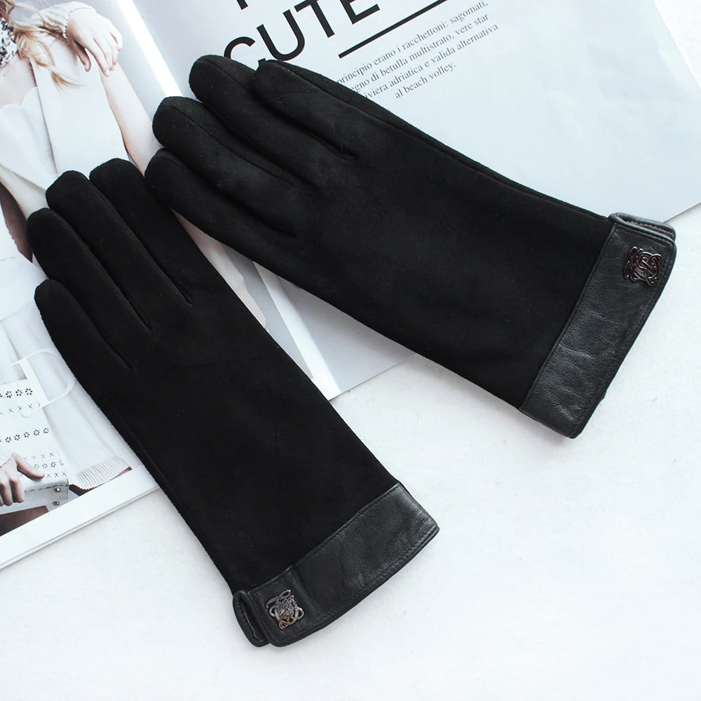 Bickmods novas luvas de couro feminino estilo curto preto moda miúdo camurça luvas para manter quente no inverno