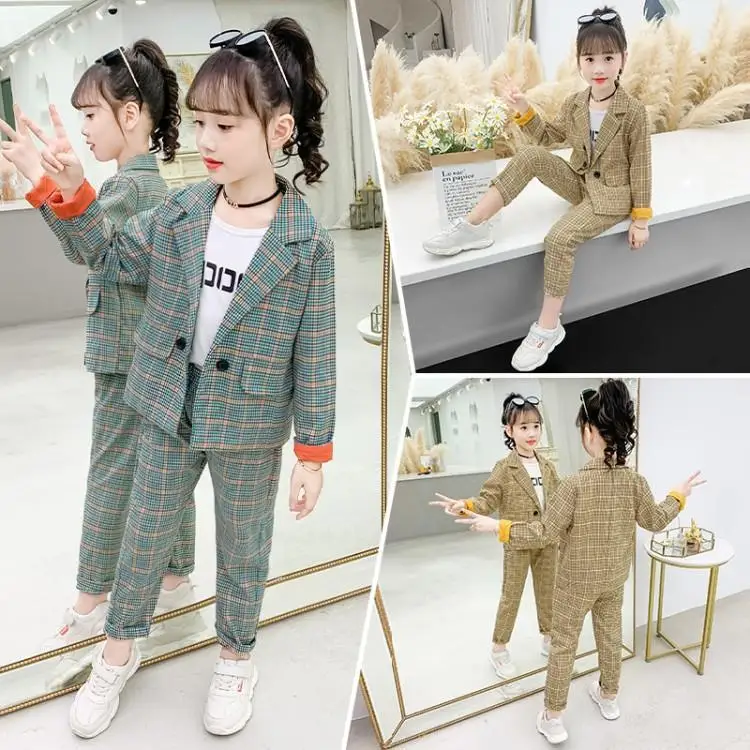 Girls Casual Plaid Suits For 3-13Y 2021 Spring Fall Kids Suit Clothes Children's Long Sleeve Jacket + Long Pants 2 Pcs Set P110