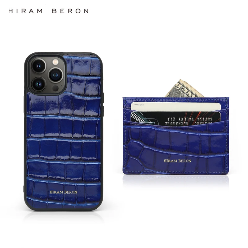 Hiram Beron Custom Name FREE Blue Leather Card Case for Iphone 15 14 13 12 11 16 Pro Max Embossed Crocodile Pattern Dropship