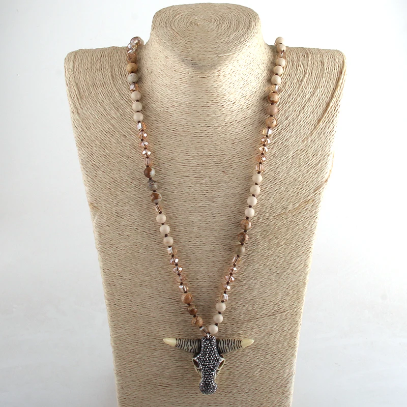 RH Fashion Bohemian Tribal Jewelry  Crystal / Natural Stone Long Knotted Beige Crystal Horn Pendant Necklaces For Women Necklace