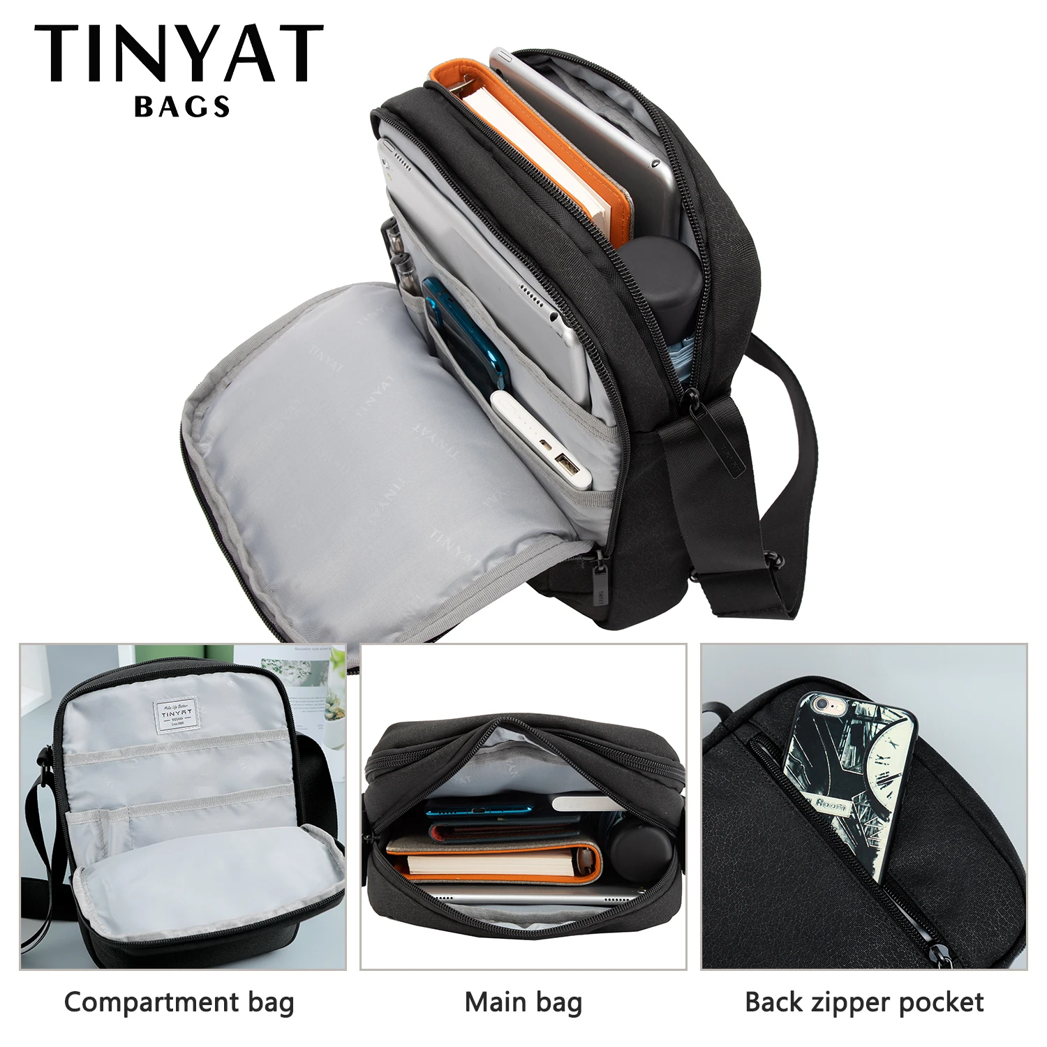 Imagem -03 - Tinyta Bolsas de Ombro dos Homens para 9.7 Pad Almofada Bolsos à Prova Impermeável Água Casual Crossbody Bolsa Lona Preta Bolsa Mensageiro Ombro