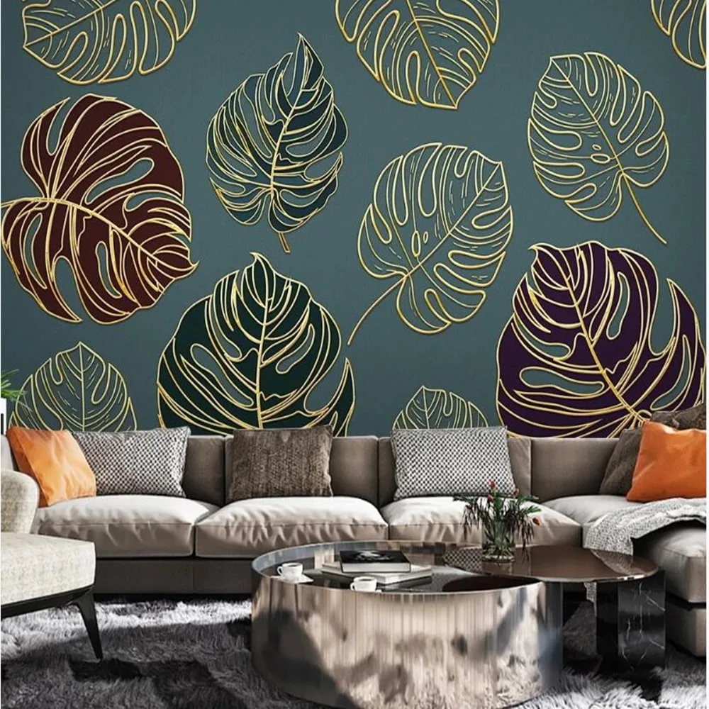 

molofi custom nordic tropical plant golden embossed lines leaves background wallpaper mural