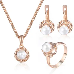 Jewelry Sets Simulated Pearl Bead Ball Stud Earring Ring Pendent Necklace Set For Women 585 Rose Gold Color GE142A