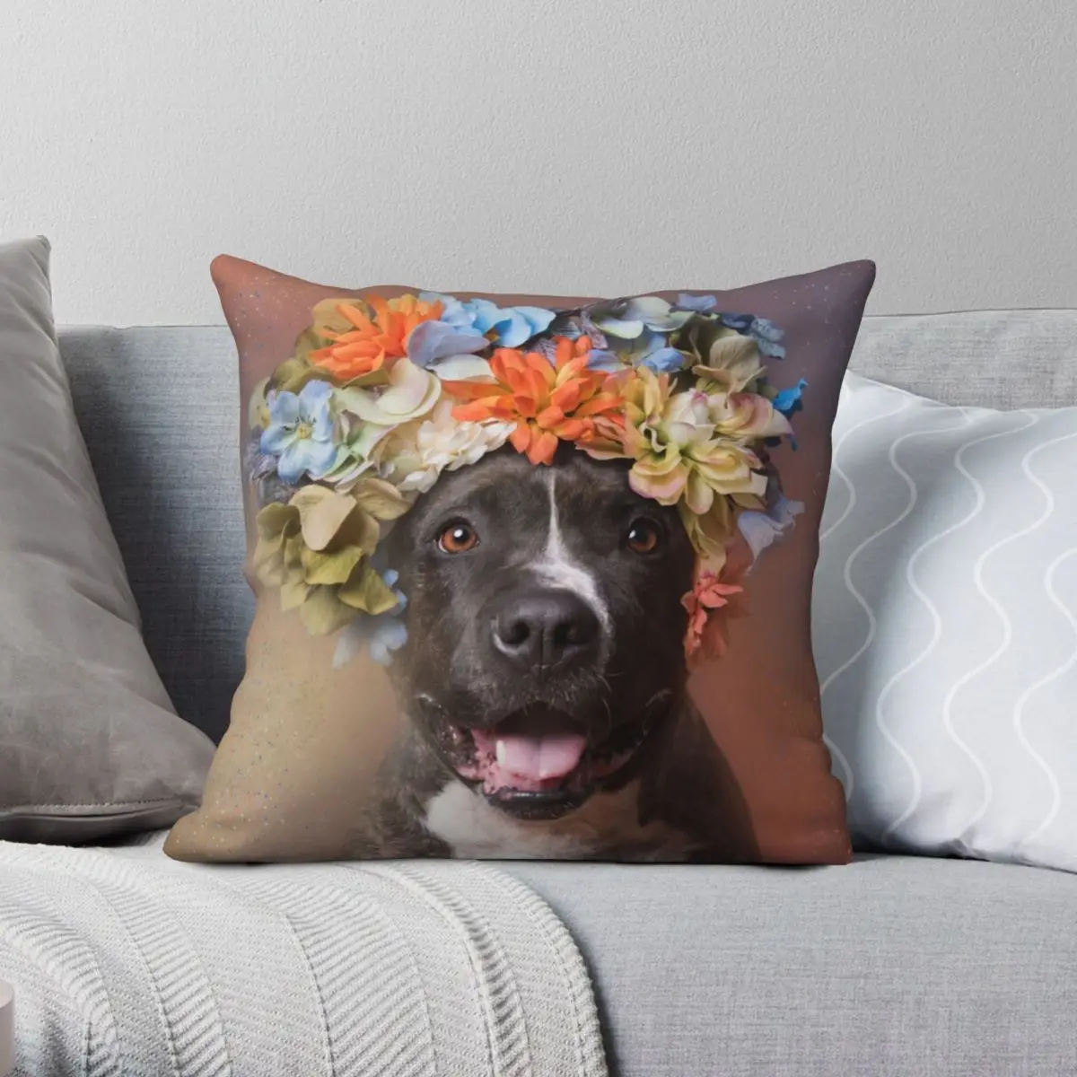 Pit Bull Flower Crown Angel Smiling Square Pillowcase Polyester Linen Velvet Printed Decor Throw Pillow Case Sofa Cushion Cover