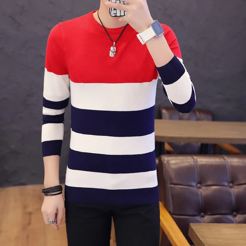 Vente chaude pull pour hommes 2022 printemps automne nouveaux étudiants sud-coréen américains Slim rayé pull rouge et noir deux couleurs M-XXL