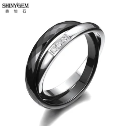 Shinygemファッションステンレススチールダブルクロスセラミックリング黒/白マイクロインレイジルコンユニークな陶器女性の結婚指輪