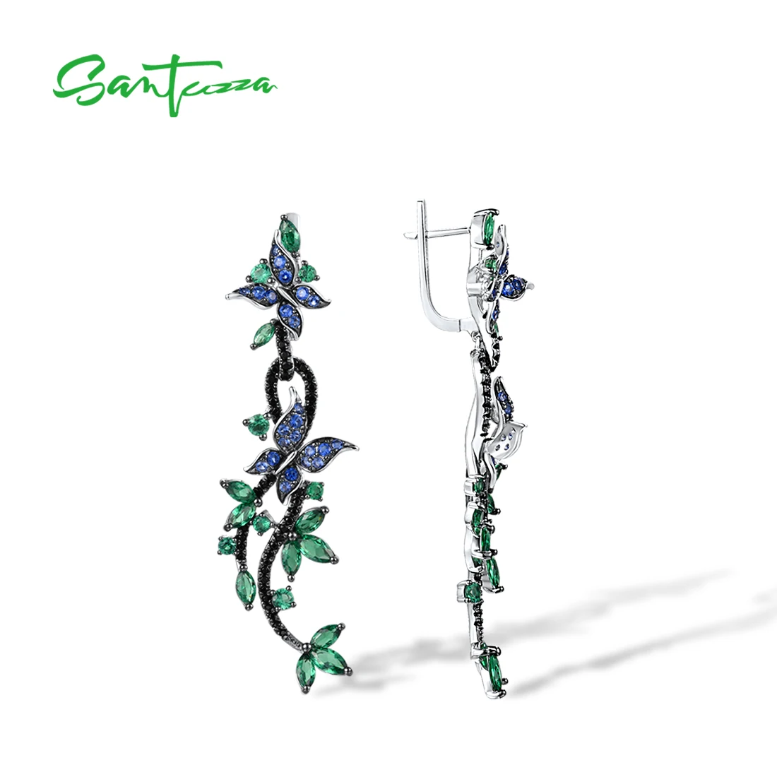 SANTUZZA 925 Sterling Silver Drop Earrings For Women Green Black Spinel Blue Nano CZ Butterfly Leaf Earrings Trendy Fine Jewelry