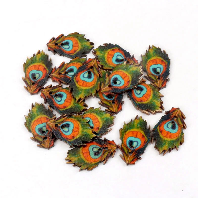 22x34mm 20pcs Multicolor Wooden Cute Peacock Feathers Wooden Decorative Buttons For Scrapbooking Handmake DIY Accessory