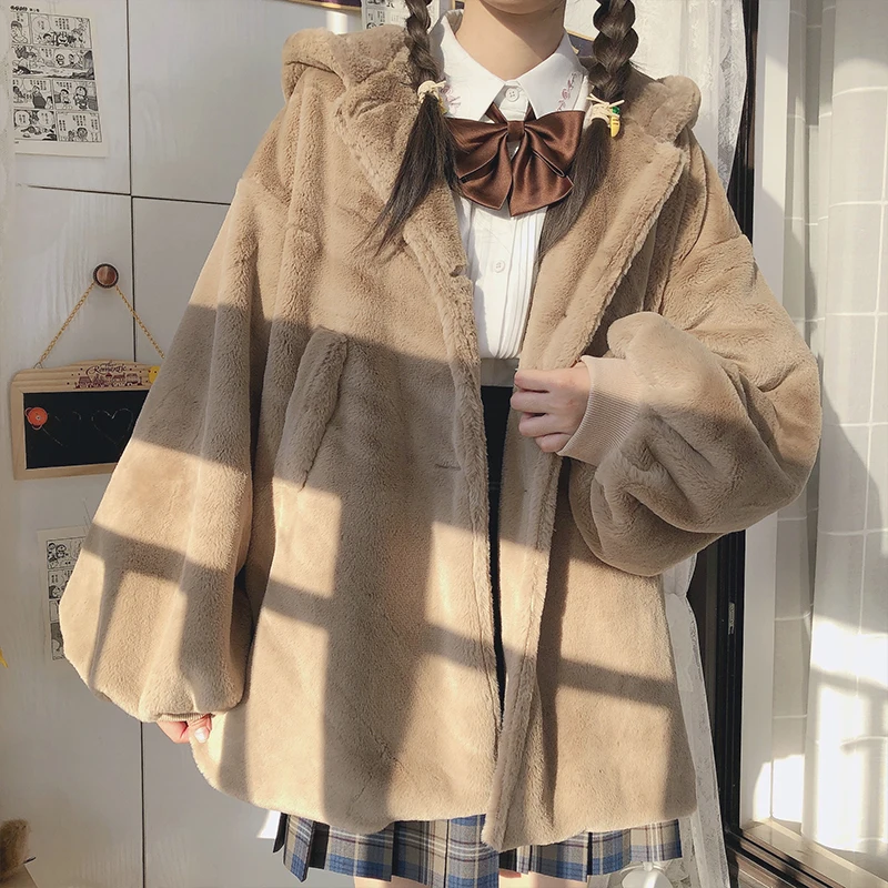 Winter Teen Girls Faux Fur Jacket Lolita Sweet Plush Kawaii Jk Fleece Warm White Fluffy Hooded Coat Women Cute Button Brown