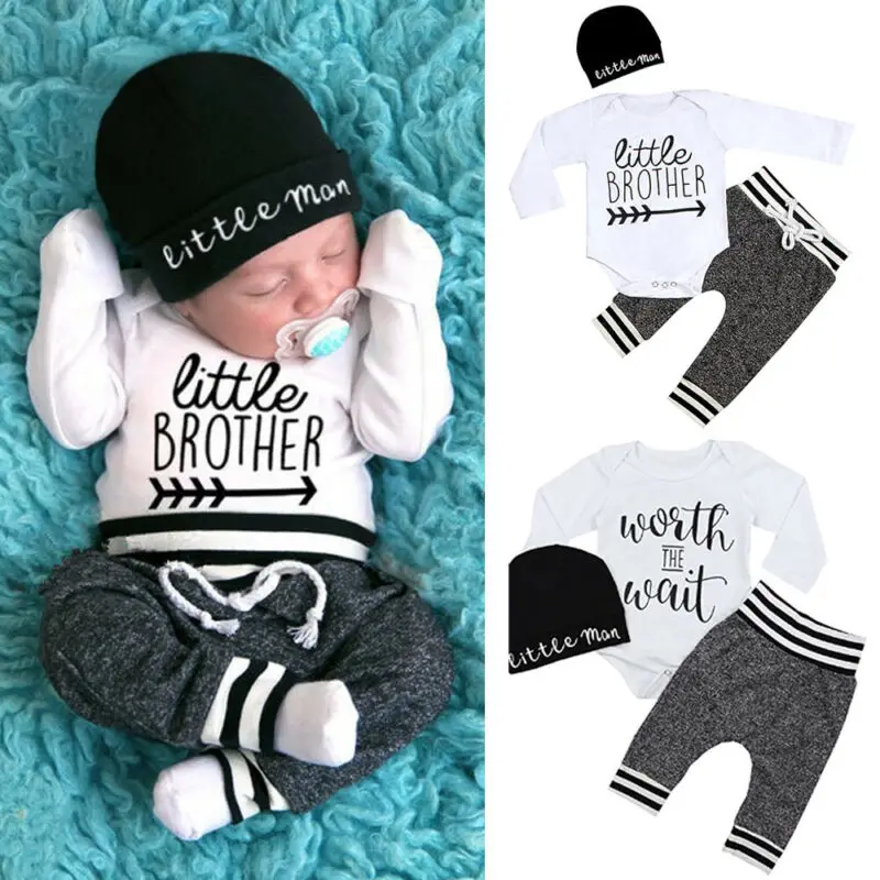 

Newborn Infant Baby Boy Clothes Sets 3pcs Little Brother Long Sleeve Romper Pant Hats Outfit Clothes