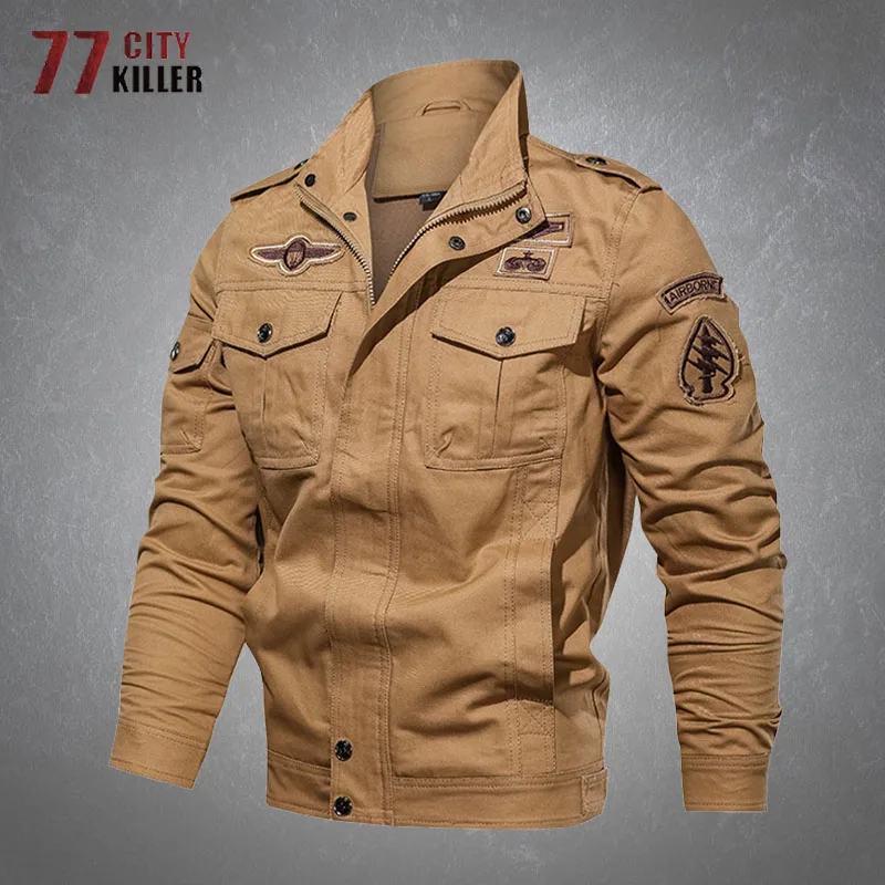 Cargo Jacket Men Winter Autumn Cotton Stand Collar Multi-Pockets Tactical Coats Male Pilot Combat Bomber Military Mens Jackets