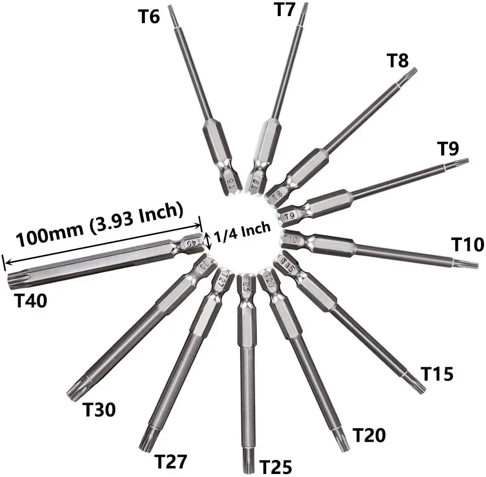 11 stück 1/4 Zoll Hex Schaft T6-T40 4 Zoll Länge S2 Stahl Torx Sicherheit Kopf Schraubendreher Bohrer Set Bits, 100mm/3,93 Zoll Lange