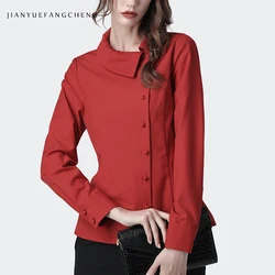 Office Ladies Red Shirt Elegant Slim Cotton Top Long Sleeve Turn-down Opening Collar Fashion Korean Style Women Autumn Shirts