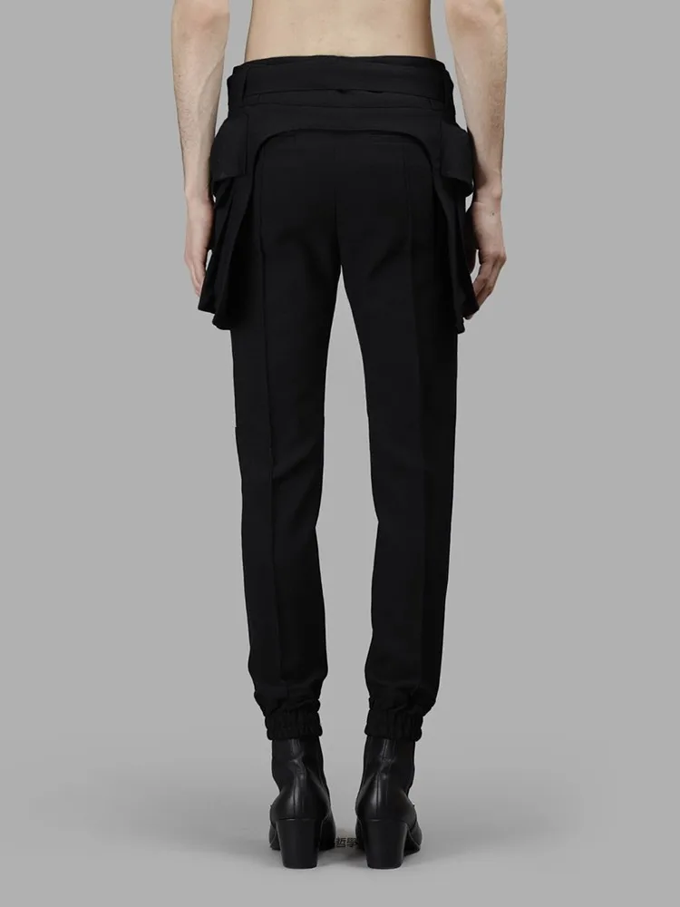 Spring and autumn new men's symmetrical big pocket belt design casual trousers slim elastic legs pencil trousers black trousers