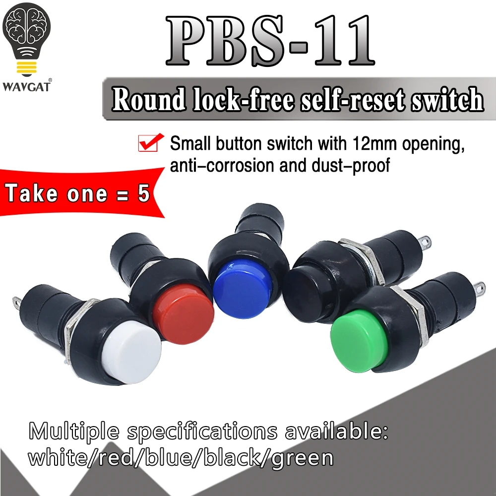 1 paczka = 5 sztuk PBS-11B 2PIN 12mm bez blokady Self-Lock ON OFF przełącznik chwilowy 3A 150V czarny niebieski czerwony zielony żółty