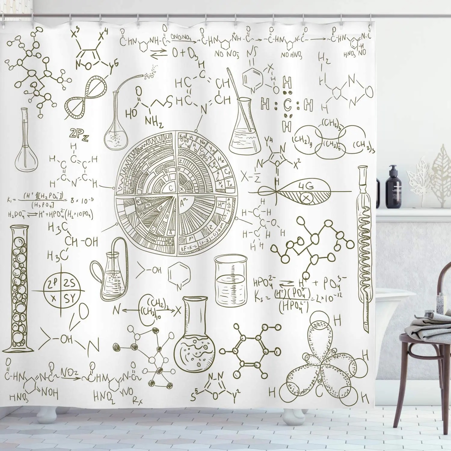 Science Shower Curtain Science Theme Hand Drawn Style Chemistry Laboratory School Classroom Illustration Bathroom Decor Set