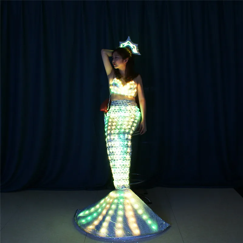 

DMX512 Programmable full color led light dress RGB colorful Mermaid skirt stage glowing led costume singer wear outfit luminous